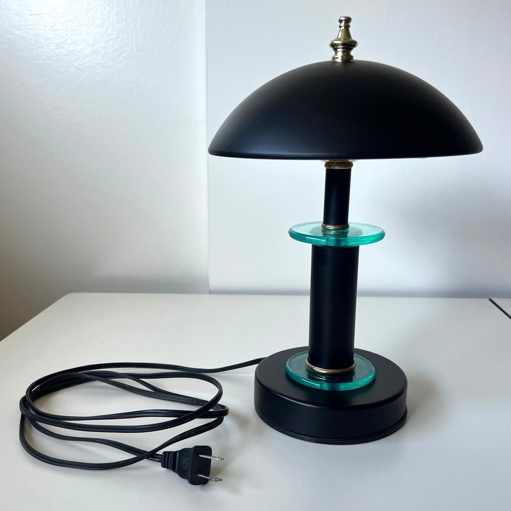 Vintage 1998 Touch Mushroom Table Lamp Black Teal Glass 3-Way 12"